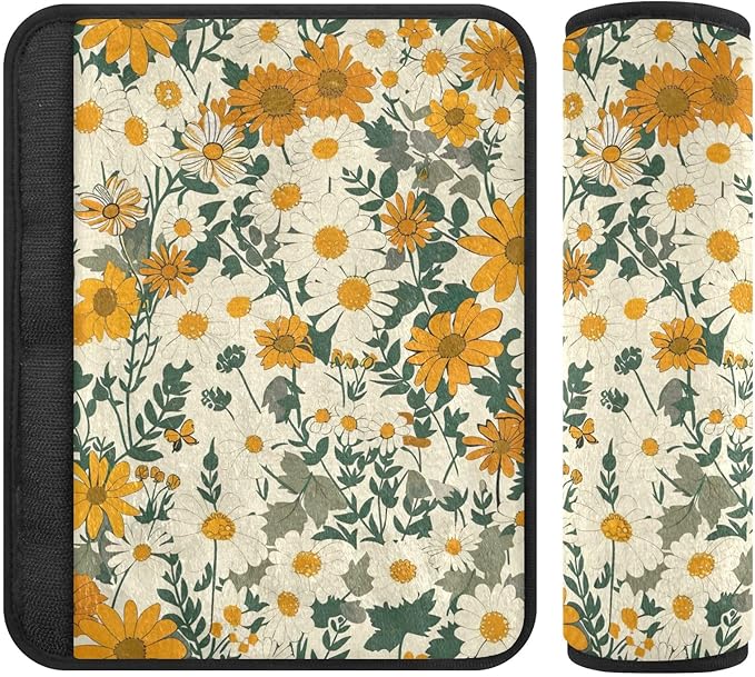 CHIFIGNO 2Pcs Vintage Daisies and Wildflowers Seat Belt Cover Pad Comfortable Car Seat Strap Cover Shoulder Pads Car Accessories for Adults Kids Women Men