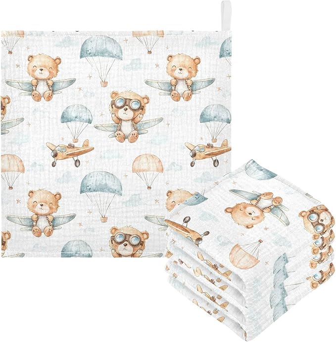 vvfelixl Cute Bear Pilot Baby Burp Cloths Baby Muslin Washcloths for Boys Girls Cotton Babys Face Towel for Newborn Infants Soft and Absorbent 11.8 X 11.8 in, 5 Pack