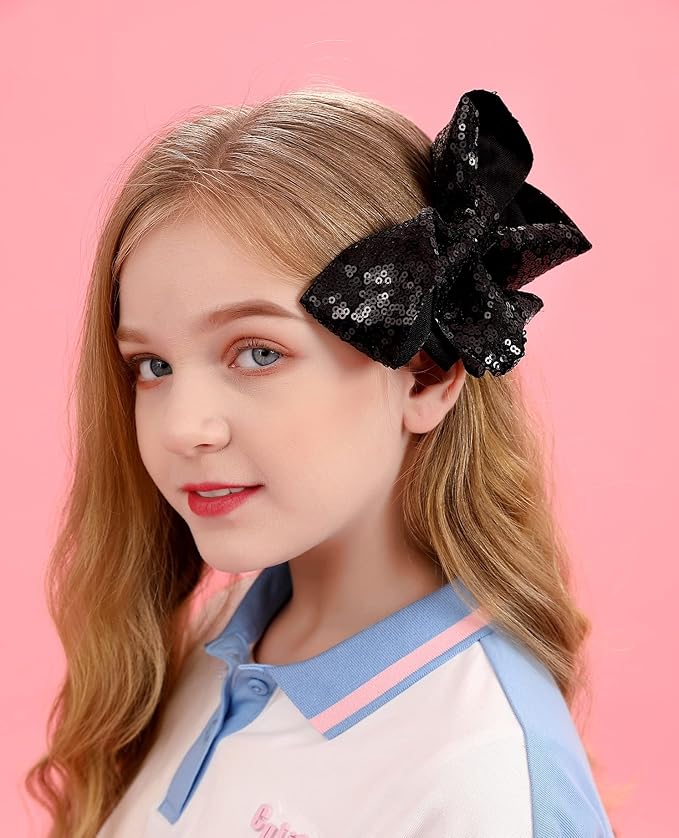 6 Inch Black Sparkly Glitter Sequin Hair Bows for Girls Toddlers Kids Children Teenage (2PCS)