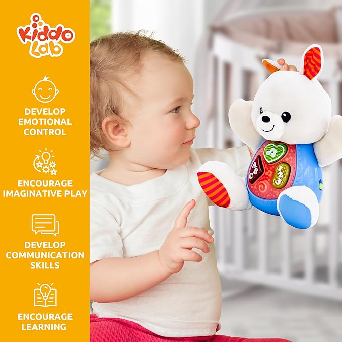 KiddoLab Easter Bunny Plush Toy - Musical Stuffed Animal with 3 Light-Up Buttons, 8 Fun Nursery Rhymes & Sound Effects - Soft Basket Stuffer for Infants, Babies, and Toddlers Aged 3 Months +