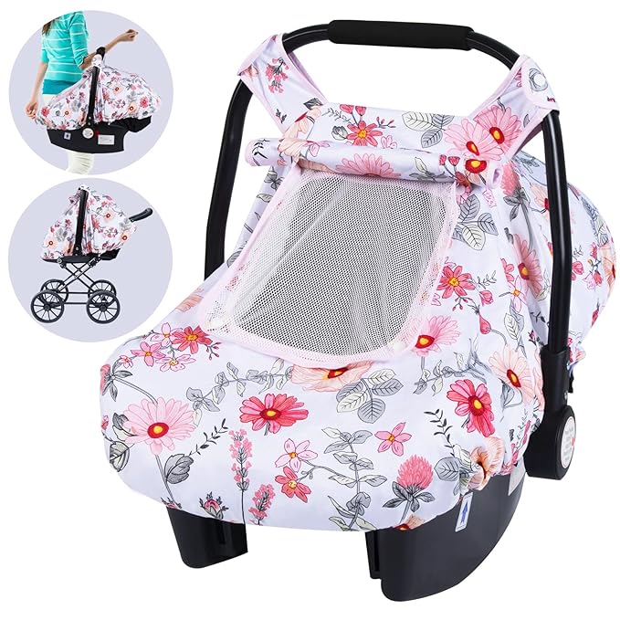 SMTTW Baby Car Seat Covers, Infant Car Canopy for Spring Summer Autumn Winter, Universal Fit, Snug Warm Breathable, Car Seat Canopy for Boys Girls (Pink Flower)