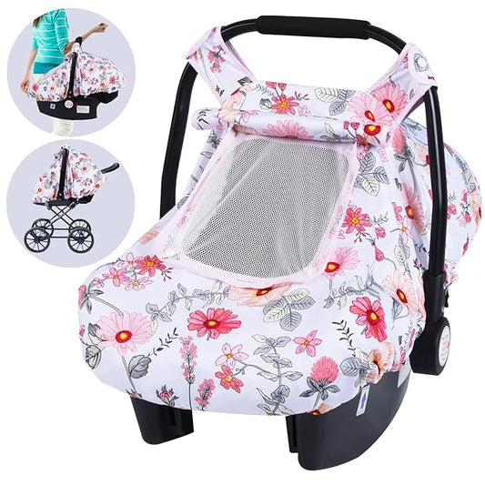 SMTTW Baby Car Seat Covers, Infant Car Canopy for Spring Summer Autumn Winter, Universal Fit, Snug Warm Breathable, Car Seat Canopy for Boys Girls (Pink Flower)