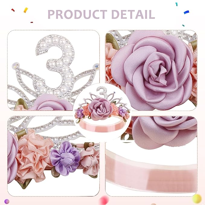 cherrboll Flower Headband Birthday Crown for Girl, Floral Nylon Hairband for 1-3 Years Old Toddler, 3rd Birthday Party Dress Photo Decoration Hair Accessory