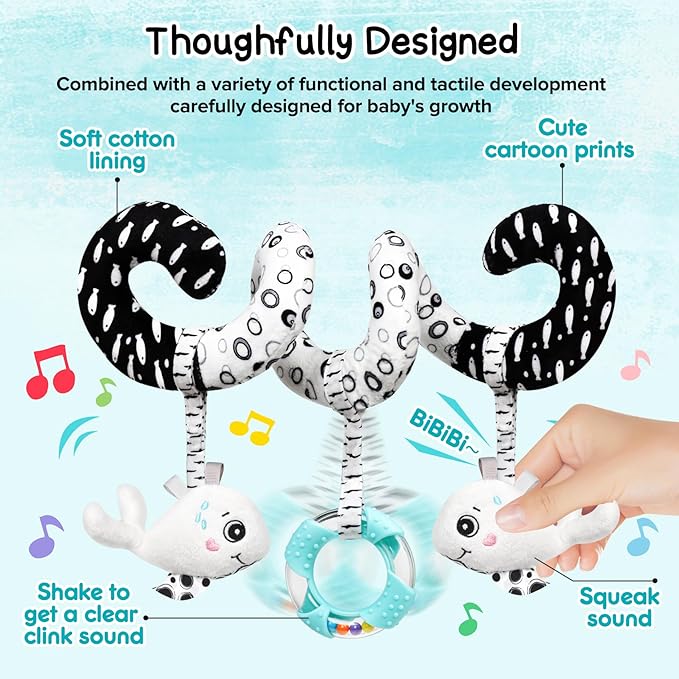 GKDOMS Baby Spiral Hanging Stroller and Car Seat Toys Black and White High Contrast Sensory Toy Newborn Plush Activity Toys Party Favors Quality Gifts for Baby Shower-Whale