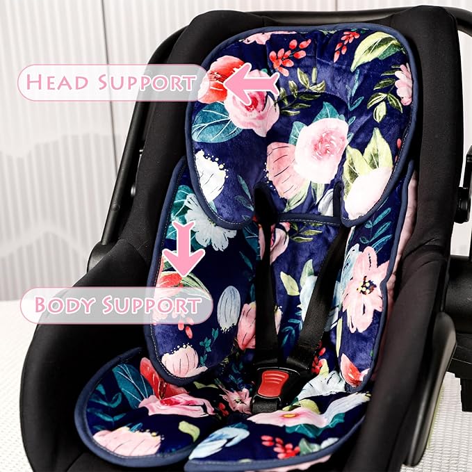 Infant Car Seat Insert, 2 in 1 Baby Head and Body Support for Car Seat, Soft Plush Newborn Carseat Cushion for Stroller Bouncer, Blue Floral