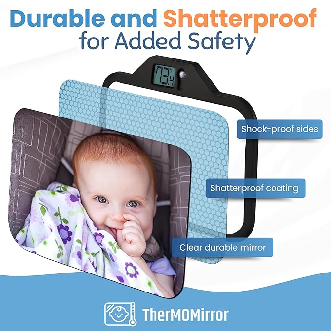 Theromirror - Baby Car Mirror with Temperature Display, Rear Facing Car Seat Mirror, Newborn Essentials, Wide Angle (Black)