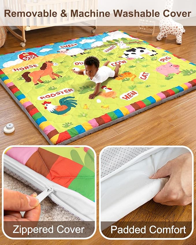 Foam Baby Play Mat 71x59, Removable and Machine Washable Cover, Thicken Cushioning Playmat and Perfect for Playpen, Non-Slip Bottom, Easy to Clean for Infants, Toddlers & Babies(Farm)