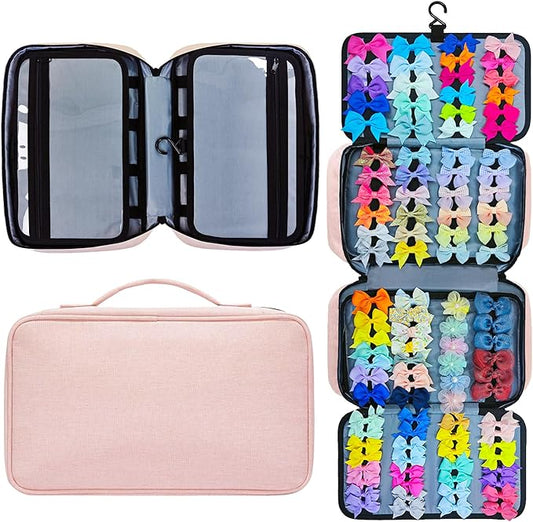 Baby Girl Hair Bow Organizer Bag - Multi-Pocket Hair Accessories Storage with Hanging Hook and Transparent Pockets for Hair Clips, Headbands, Scrunchies, Portable Travel Carrying Case (Pink)