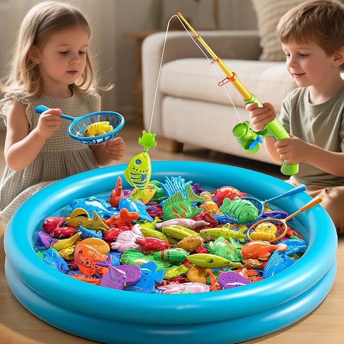 60 Pcs Magnetic Fishing Pool Toys Game for Kids Toddlers, Fishing Water Table Bathtub Toy with Inflatable Pool Pole Rod Net Bucket Plastic Floating Fish, Water Bath Pool Outdoor Toy for Kids Age 3 4 5