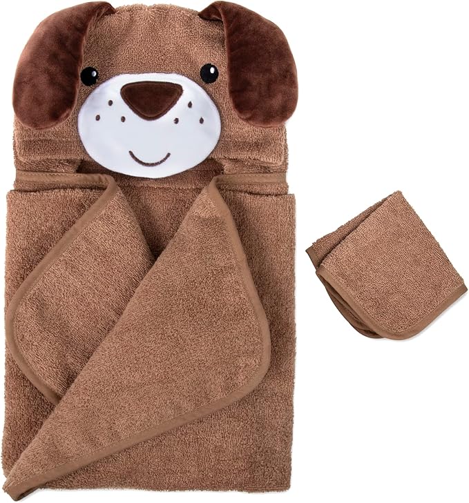 Baby Animal Hooded Towel and Washcloth Set for Newborns, Infants, Toddlers Boys and Girls 3-24 Months (Perky Puppy Pal)