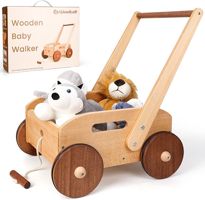Woodtoe Wooden Baby Walker for Toddlers, Adjustable Speed Push Toys for Babies Learning to Walk, with Wooden Building Blocks Set for Kids, 24 PCS Rainbow Gem Cubes Stacking Blocks