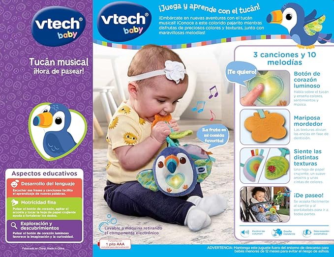 VTech - Baby Toucan Musical Walking Time Toy for Baby Strollers from 3 Months, Soft Plush Toucan Wakes Up The Senses, ESP Version