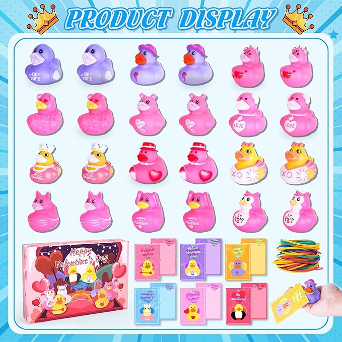 24PCS Pink Rubber Ducks with Cards and Bands - Cute Mini Ducks for Birthday Parties, Baby Showers, and Cruise Ship Fun | Assorted Designs for Kids