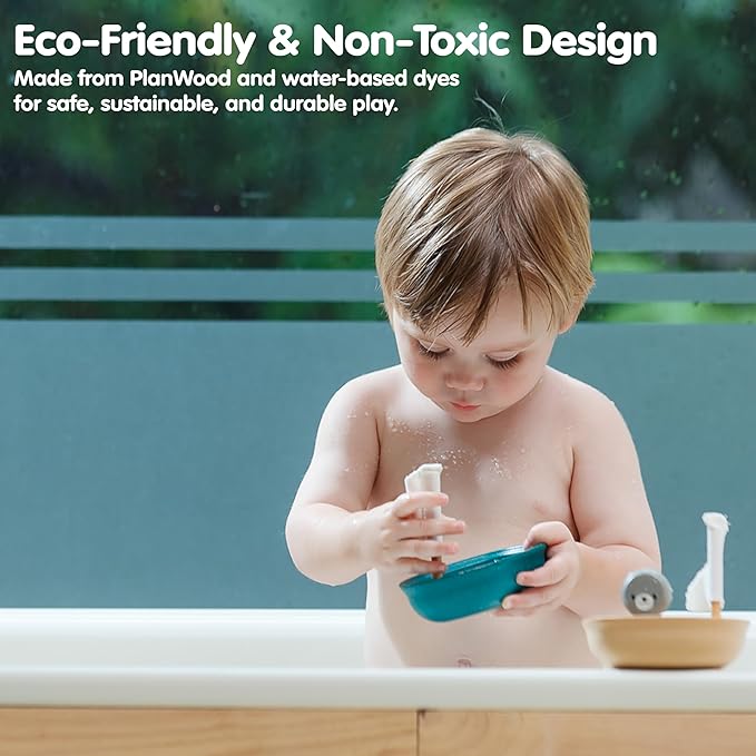 PlanToys® Wooden Sailing Boat Toy with Seal | Bath Time Water Toy for Floating Play, Imagination & Gentle Sensory Exploration | Eco Friendly Toy for Bath and Water Play