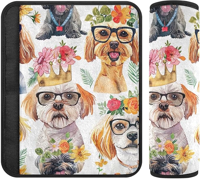 Pack of 2 Watercolor Cute Funny Dogs Seat Belt Covers Cute Car Seat Strap Pads Car Seat Straps Shoulder Pads Protect Your Neck and Shoulder