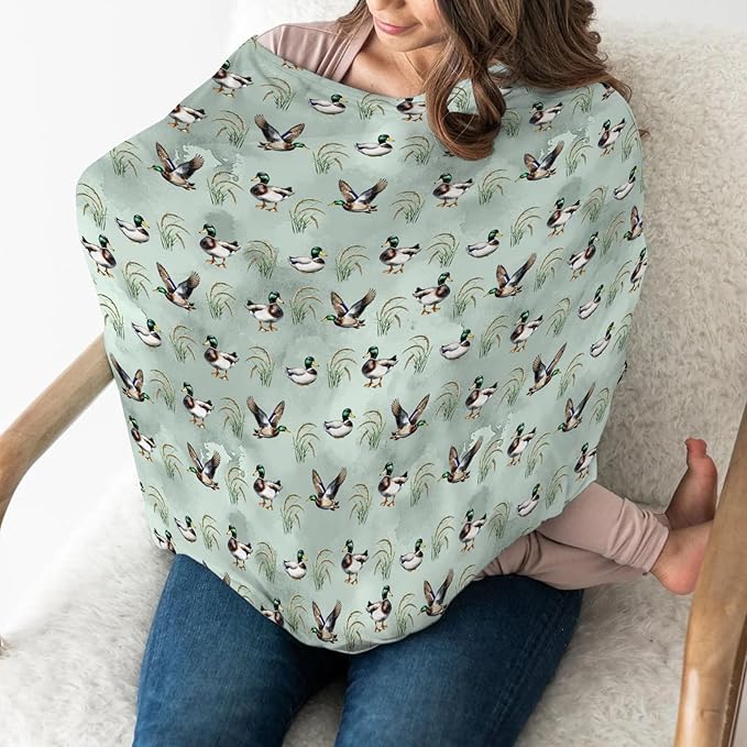 Vintage Mallard Duck Car Seat Cover for Babies Hunting Duck Green Leaves Stretchy 5-in-1 Cover Adjustable Infant Carseat Canopy Cover Wild Duck Animal Breathable Nursing Cover-Up