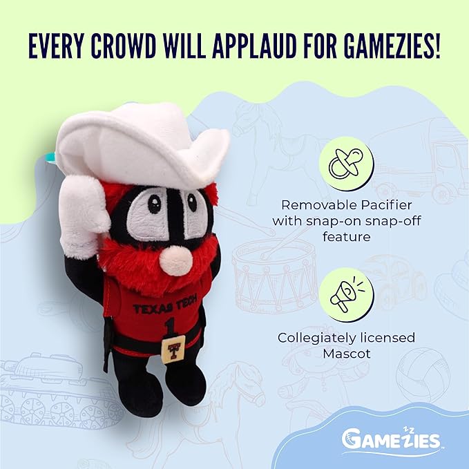Gamezies Baby Boy and Girl Silicone Texas Tech University Raider Red Mascot Plush Pacifier, Collegiately Licensed, Removable, Washable Plush Toy CPSIA Tested, BPA-Free 0-6 Months