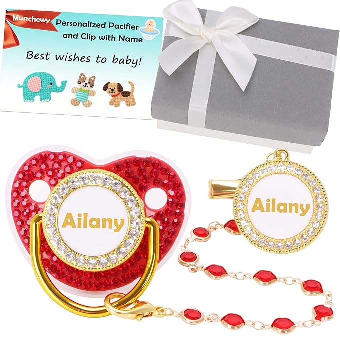 Customized Pacifier with Name, Bling Personalized Pacifier Clip Set with Gift Box, Luxury Crystal Bling Soother Dummy Ideal Gift for Newborn Girls Baby Shower(Red)
