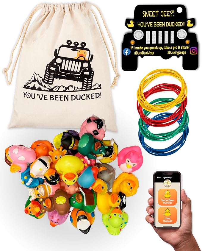 Jeep Ducks for Ducking Kit-76 Piece kit Including Rubber Ducks, Duck Duck Jeep Bag, Jeep Ducking Cards & Rubber Bands Plus Official Duck Duck Jeep Mobile App (Jeep Ducks for Ducking Assortment C)