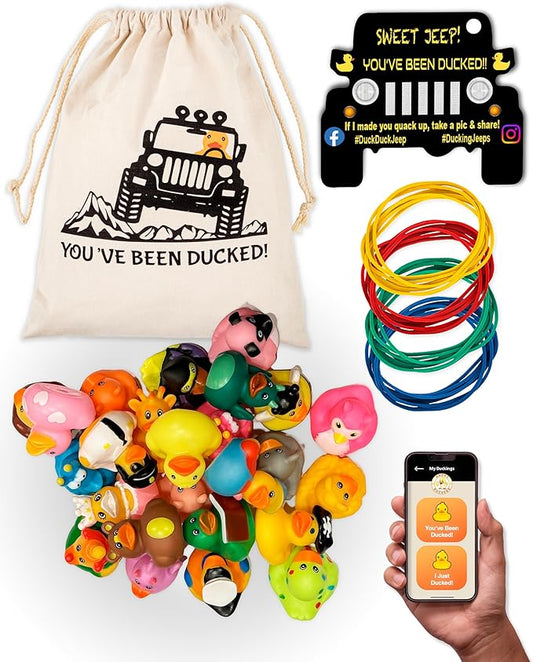 Jeep Ducks for Ducking Kit-76 Piece kit Including Rubber Ducks, Duck Duck Jeep Bag, Jeep Ducking Cards & Rubber Bands Plus Official Duck Duck Jeep Mobile App (Jeep Ducks for Ducking Assortment C)