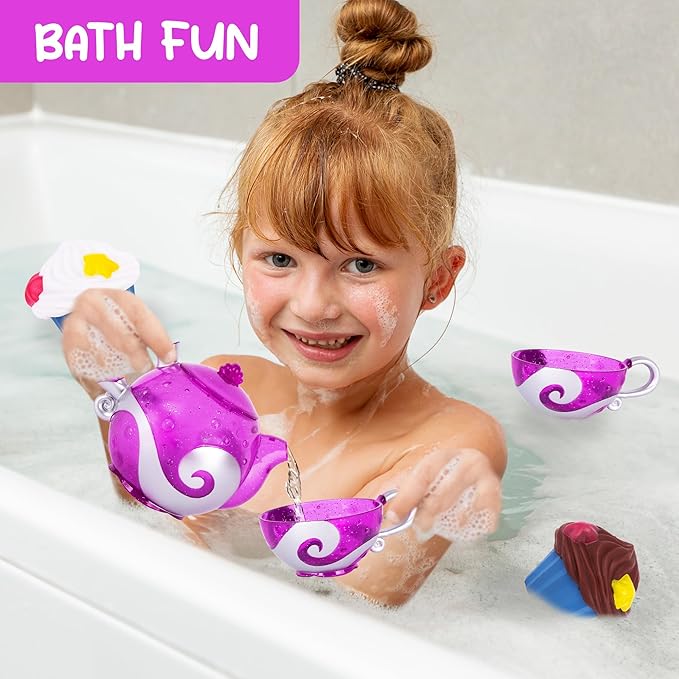 Princess Tea & Treats Water Toy Set - Girls Bath & Pool Tea Party Playset - Teapot, 2 Tea Cups, and 2 Silicone Cupcakes That Spray Water - Water Safe Toys - Toddler Summer Princess Party Favor & Decor