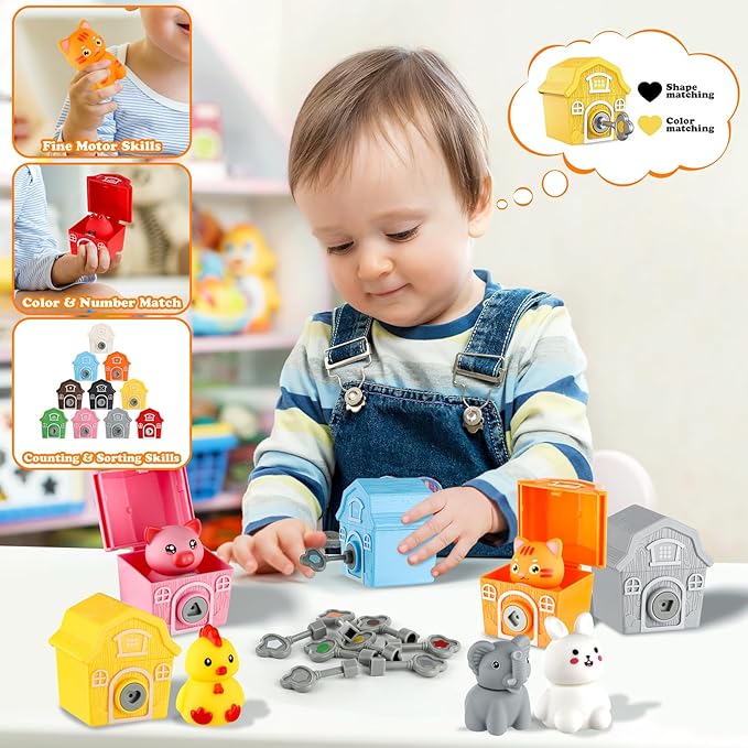Grarain Toddler Farm Animals Toys, Upgraded Keys Barn Match Game, Montessori Educational Color Shape Sorting & Counting Learning Toy for Kids Boys Girls 3-5 Year Old, Fine Motor Gifts