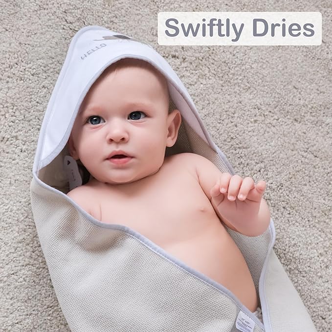 Viviland Baby Towels and Baby Wash Cloths Set Hooded Baby Towels Baby Wipes Absorbent Bath Face Towels Burp Cloths or Face Towels for Girl Boy 6-Pack Size 28 x 28 Inch(Grey Animal Friends)
