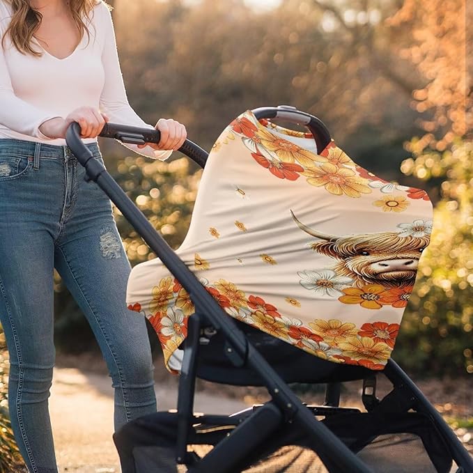 AFPANQZ Highland Cow Baby Car Seat Cover Canopy and Nursing Cover Infant Car Canopy Spring Autumn Winter Snug Warm Breathable Windproof Open Peep Top