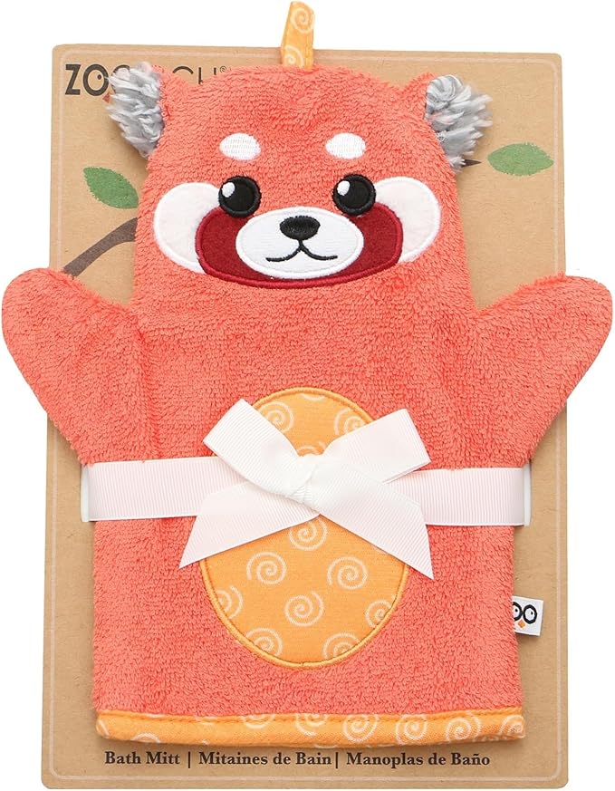 ZOOCCHINI Bath Mitt for Kids – 100% Cotton Terry with Soft Lining, Playful Animal Puppet Design for Fun Bathtime, One Size 5” x 9.25”, Remi the Red Panda