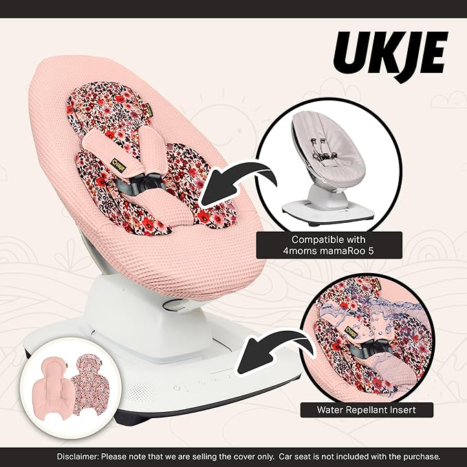 Ukje Swing Insert Rocker Cover Compatible with 4moms mamaRoo 5 Swing, Swing Accessories with Reversible Design, Easy to Install, Handmade in Europe - Pink Flowers