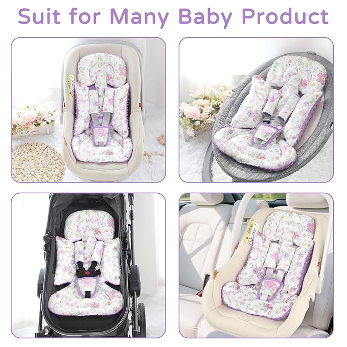 SWESEN Infant Car Seat Insert with 3 Strap Covers Set, Car Seat Head Support Baby for Girls, Soft 3 in 1 Baby Car Seat Cushion for Strollers, Bouncers, Swing, Purple Floral
