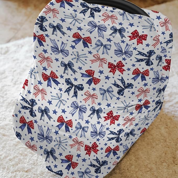 Red White & Blue Bows Baby Car Seat Covers Patriotic Ribbons Stars Stretchy 5-in-1 Cover Adjustable Car Canopy Cover Cute 4th of July Party Breathable Nursing Cover-Up