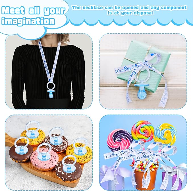 XINHUIDALSQ 36 Baby Shower Pacifiers Necklace, Cute Acrylic Pacifier Necklaces for Baby Shower Games Boy Charm, Party Favors, Decorations DIY, Gender Reveal Table Scatter(Blue)
