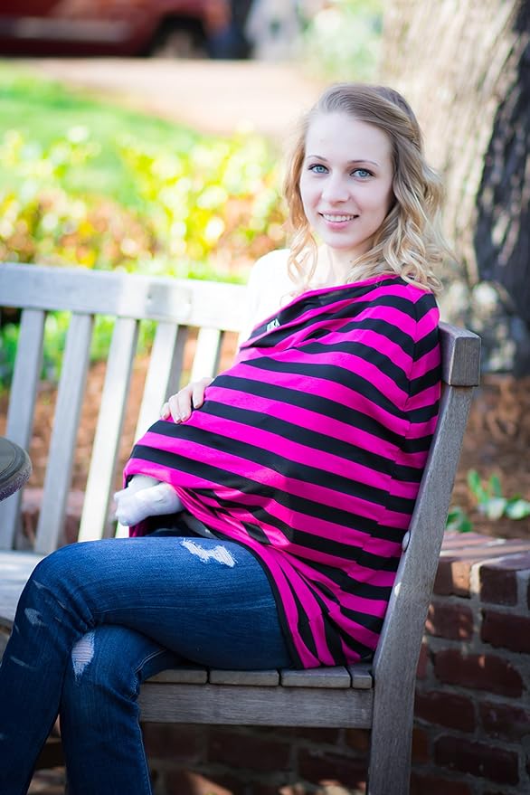 JLIKA Baby Car Seat Covers - Stretchy Infant Canopy and Nursing cover for breastfeeding newborns infants babies girls boys best shower gift maternity apron infinity scarf carseats! (Coral/Navy Stripe)