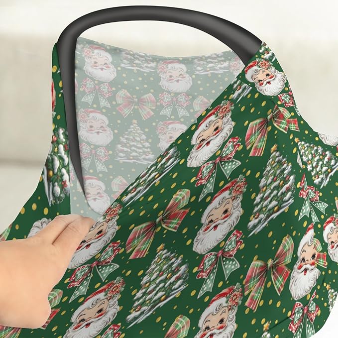 Christmas Santa Trees Car Seats Cover for Babies Santa Claus Red Green Bows Stretchy 5-in-1 Cover Adjustable Car Canopy Cover Winter Holiday Breathable Nursing Cover-Up