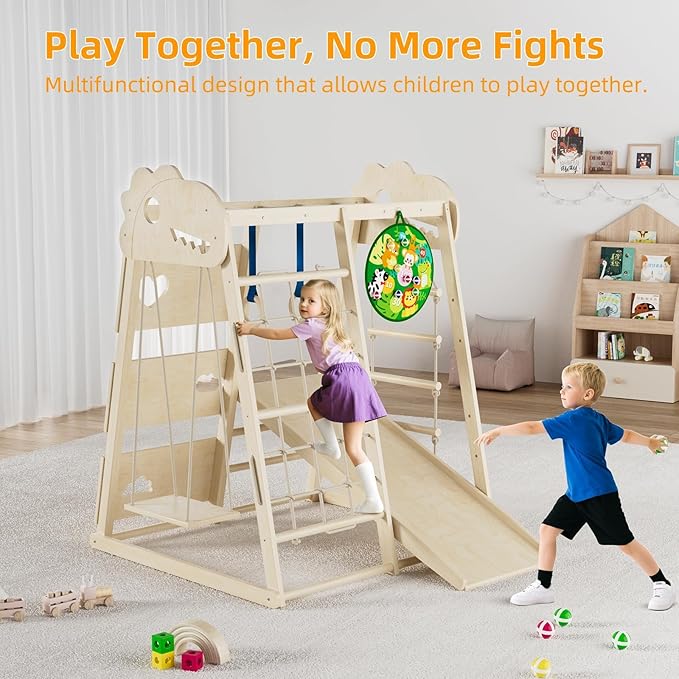 8-in-1 Indoor Playground, Indoor Jungle Gym for Kids, Wooden Montessori Climbing Toys with Rings, Slide,Rope Ladder, Monkey Bar, Climbing Net, Climbing Rock, Swing, Dart Board