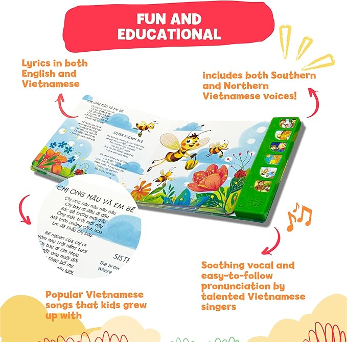 tinywrist AUDIOBOOKS - Bé Sings and Learns Vietnamese – Interactive Bilingual Music Book for Babies, Toddlers & Kids | Vietnamese-English Learning Toy | Northern & Southern Accents