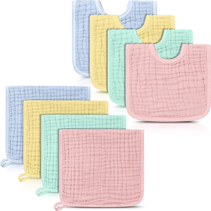 Tallew 8 Pack Muslin Burp Cloths and Baby Bibs for Boy Girl 20" x 10" Cotton Baby Bandana Drool Bibs Muslin Burp Cloths Absorbent Rag for Newborn Toddler Infant Gifts(Macaron Color)