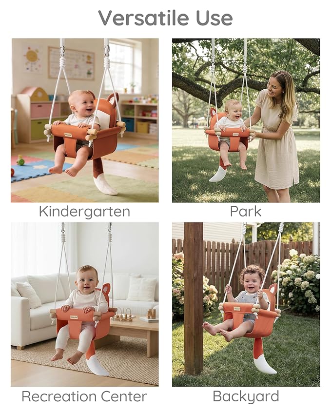Wooden Baby Swing with Soft Safety Belt, Cozy Infant Swing Seat for Indoor & Outdoor Use, Adjustable Height, Includes Mounting Hardware – Suitable for Babies & Toddlers（Fox-Themed in Red）