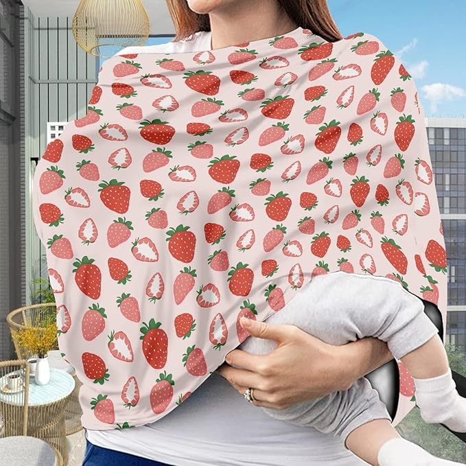 Coldinair Strawberry Pink Car Seat Cover for Babies Girls,Soft Stretchy Nursing Cover,Breathable Infant Carseat Canopy,Shopping Cart/High Chair/Stroller Covers