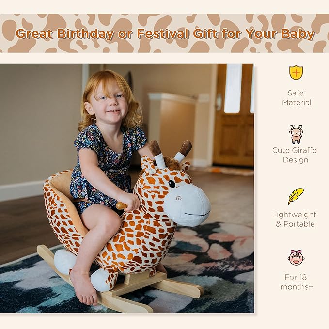 Qaba Kids Plush Ride-On Rocking Horse Toy Giraffe Style with Song for 18-36 Months, Brown