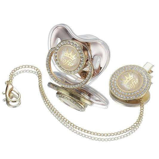 Sparkling Bling Custom Baby Pacifiers and Clips/Holder Kit with Name Personalized with Rhinestones for Boy and Girl Baby Shower (Rose Gold)