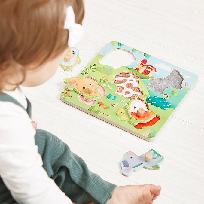 Janod - 5-Piece Wooden Tactile Puzzle - Farm Theme - Interlocking Puzzle with Textures - Educational Game - Touch, Fine Motor Skills and Concentration - from 18 Months, J07129