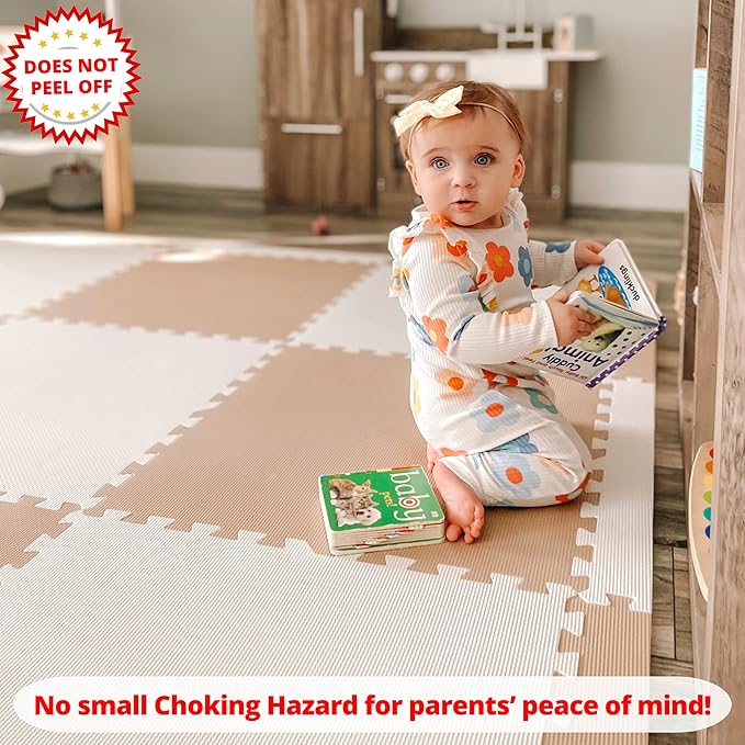 Extra Thick Baby Play Mat Tiles Non-Toxic Foam Floor Puzzle Mat Extra Large Interlocking Activity Playmat for Infants Toddlers Kids Crawling Tummy Time 74x74 Inches (Beige/White)