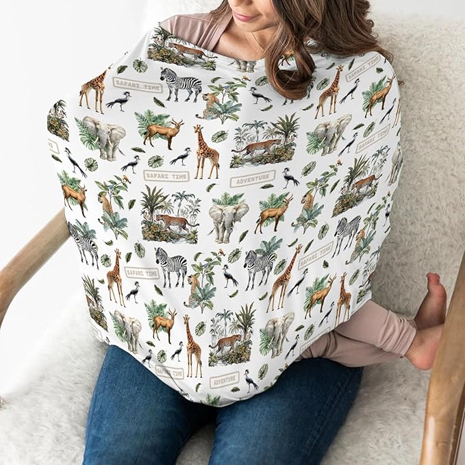 Safari Animals Adventure Car Seat Cover for Baby Elephant Leopard Giraffe Zebra Tropical Leaves Stretchy 5-in-1 Cover Adjustable Infant Carseat Cover Canopy African Animal Breathable Nursing Cover-Up