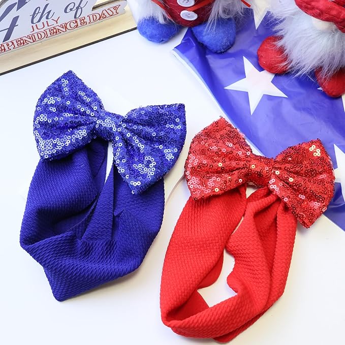 4th of July Baby Girl Accessories - Red Sequin Bow Headband, Blue Elastic Wide Hairbands for Newborns, Toddlers, Infants Gift