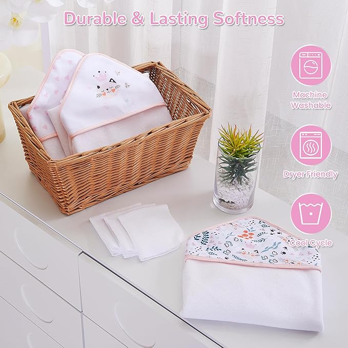 Viviland 6 Pcs Hooded Baby Towels and Washcloths Set, Super Gentle Bath Towels for Newborn Face & Body, Absorbent Wash Cloth for Infants Girls, Flower-Cat Pattern, 28 x 28 inch