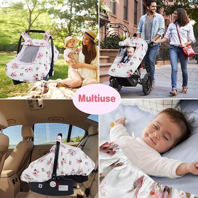 SMTTW Baby Car Seat Covers, Infant Car Canopy for Spring Summer Autumn Winter, Universal Fit, Snug Warm Breathable, Car Seat Canopy for Boys Girls (White Flower)