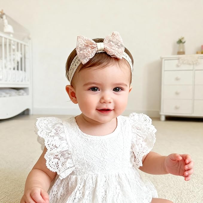 Baby Girls Bow Lace Headband Cute Soft Hairband White Butterfly Knot Headbands for Newborn Infants Toddlers Kids Christening Baptism Birthday Party Hair Accessories（Fan flower bow）