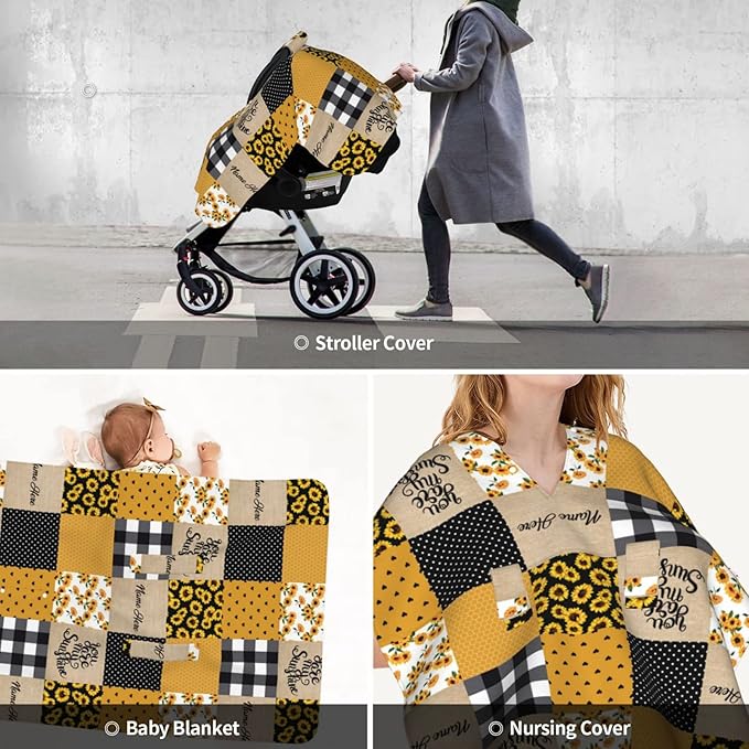 Personalized Sunflower Plaid Baby Infant Car Seats Canopy for Babies with Name, Custom Multi-use Blankets for Baby Boys Girls, Minky Nursing Breastfeeding Stroller Cover Canopies for Newborn
